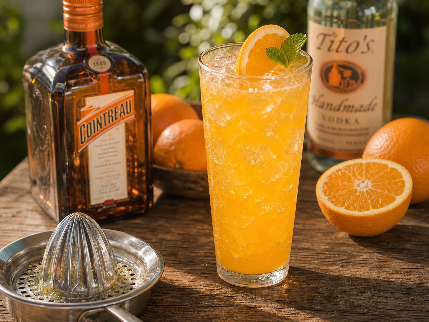 Maryland orange crush cocktail in a pint glass with crushed ice, fresh orange juice, vodka, triple sec, soda, and orange wedge