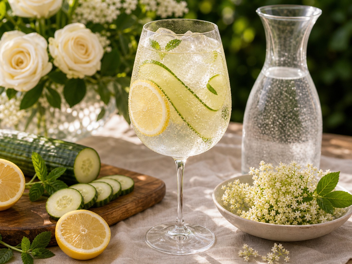 Elderflower Hugo spritz in a large wine glass with prosecco, sparkling water, mint leaves, lime wedge, and clear ice