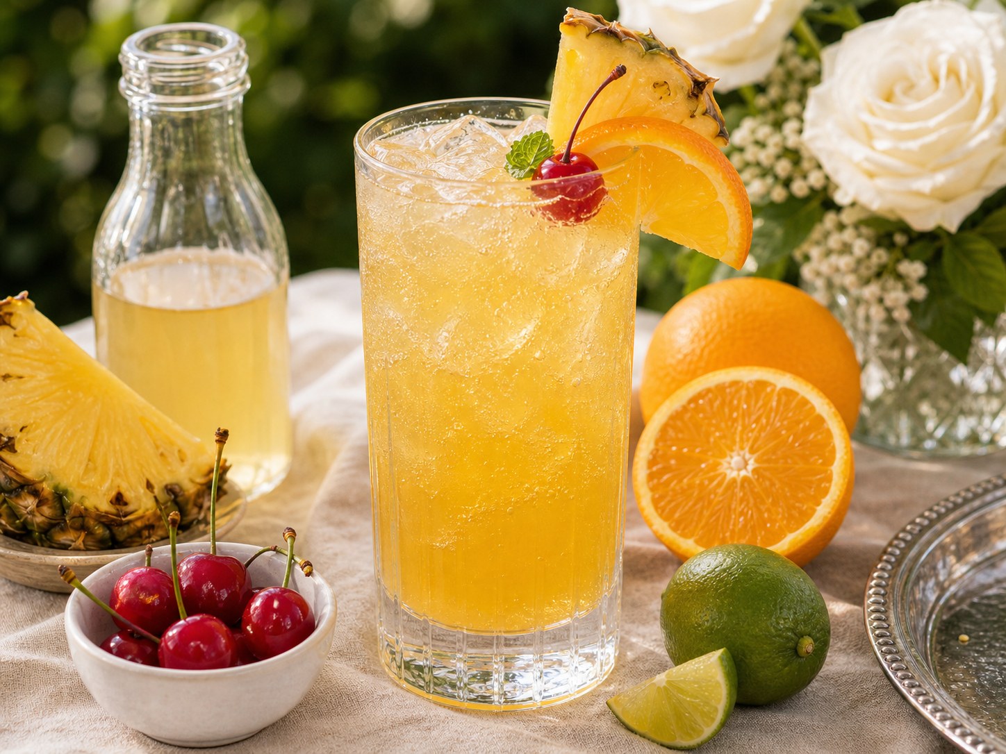 Alcohol-free Black-Eyed Susan spritz with orange juice, pineapple juice, tonic water, peach syrup, orange slice, and blackberry garnish