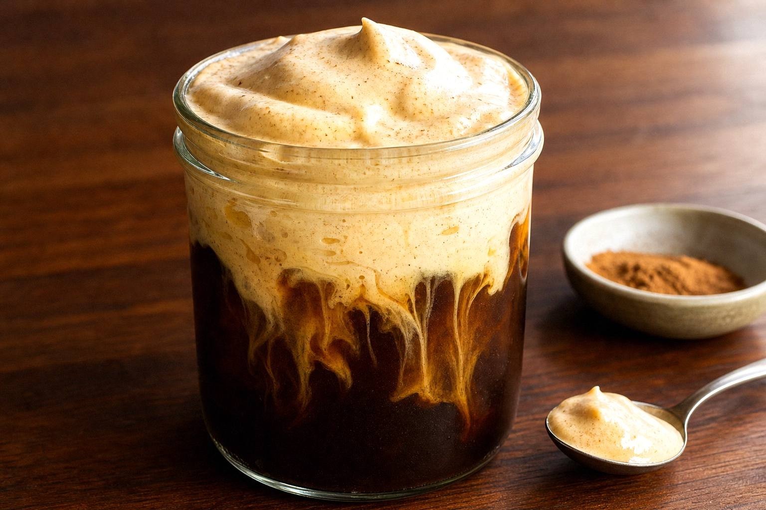 Thick frothed pumpkin cream in a glass jar showing maple syrup, pumpkin puree and spice stirred through