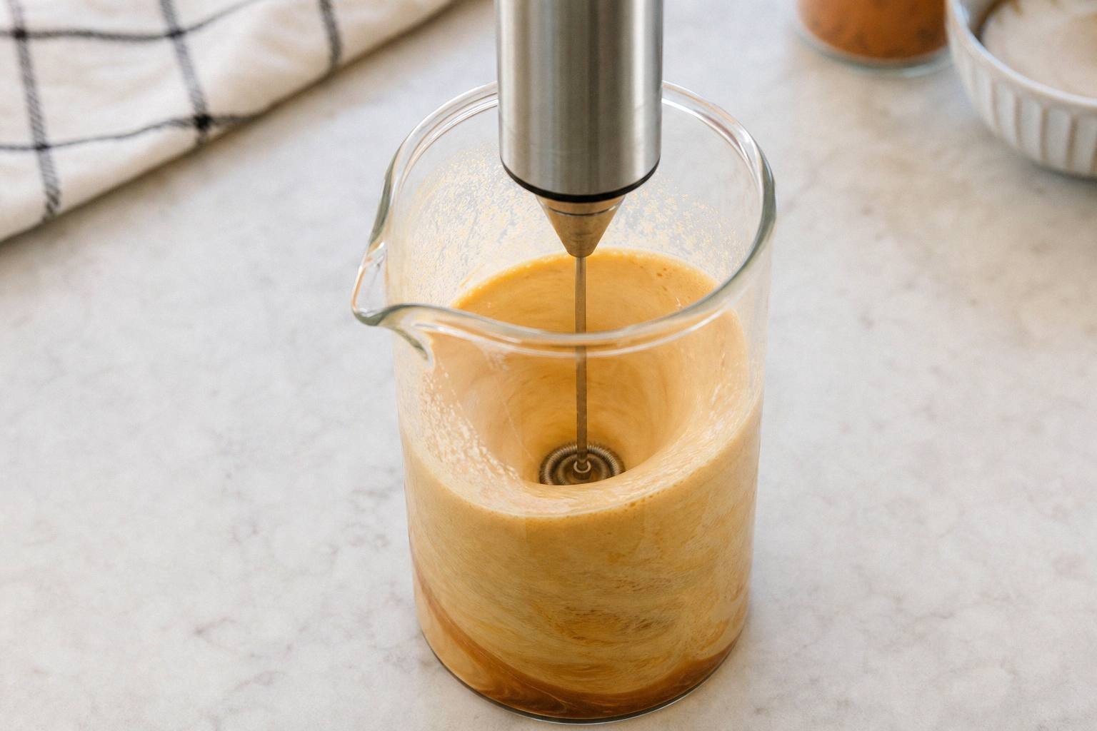 Handheld frother whipping pumpkin cream in a tall measuring cup with a spout