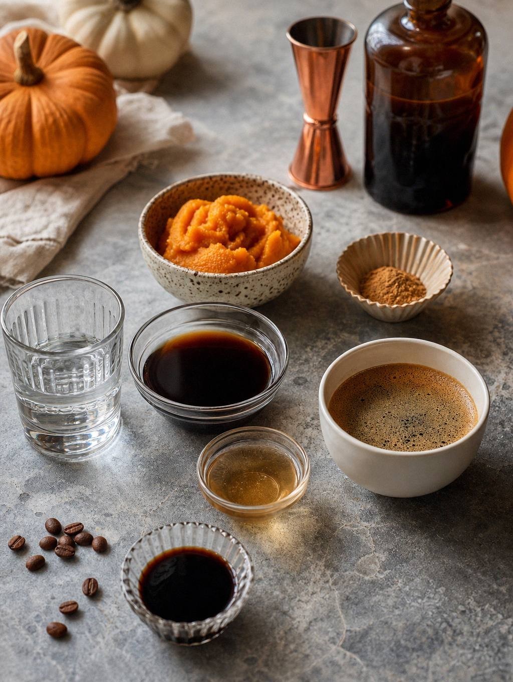 Measured ingredients for pumpkin spice espresso martini including vodka, coffee liqueur, espresso, pumpkin puree, and spices