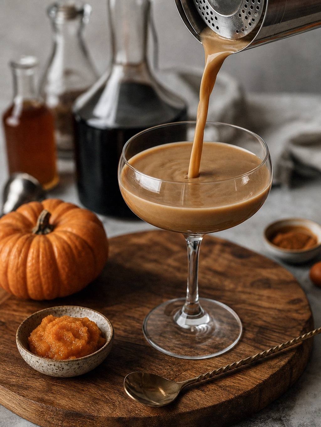 Pumpkin spice espresso martini being poured through a strainer into a coupe glass, liquid in motion
