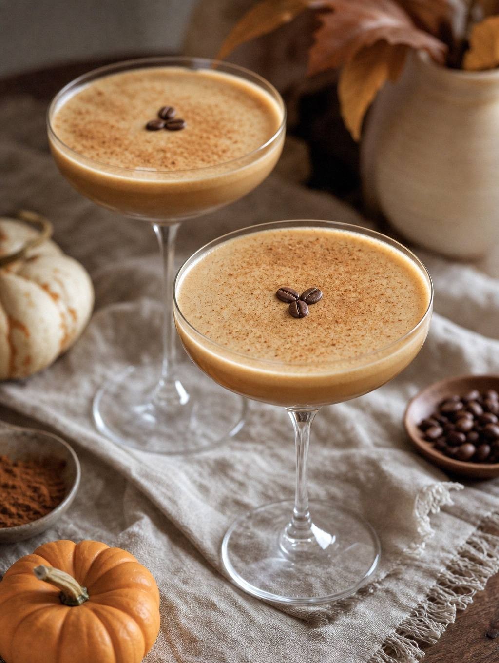 Two pumpkin spice espresso martinis in coupe glasses styled on a table with coffee beans and spice garnish