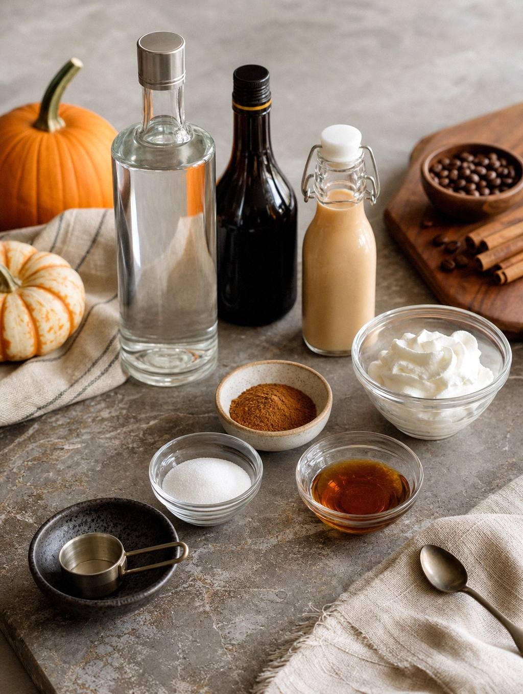 measured ingredients for pumpkin spice white russian including vodka, creamer, and coffee liqueur