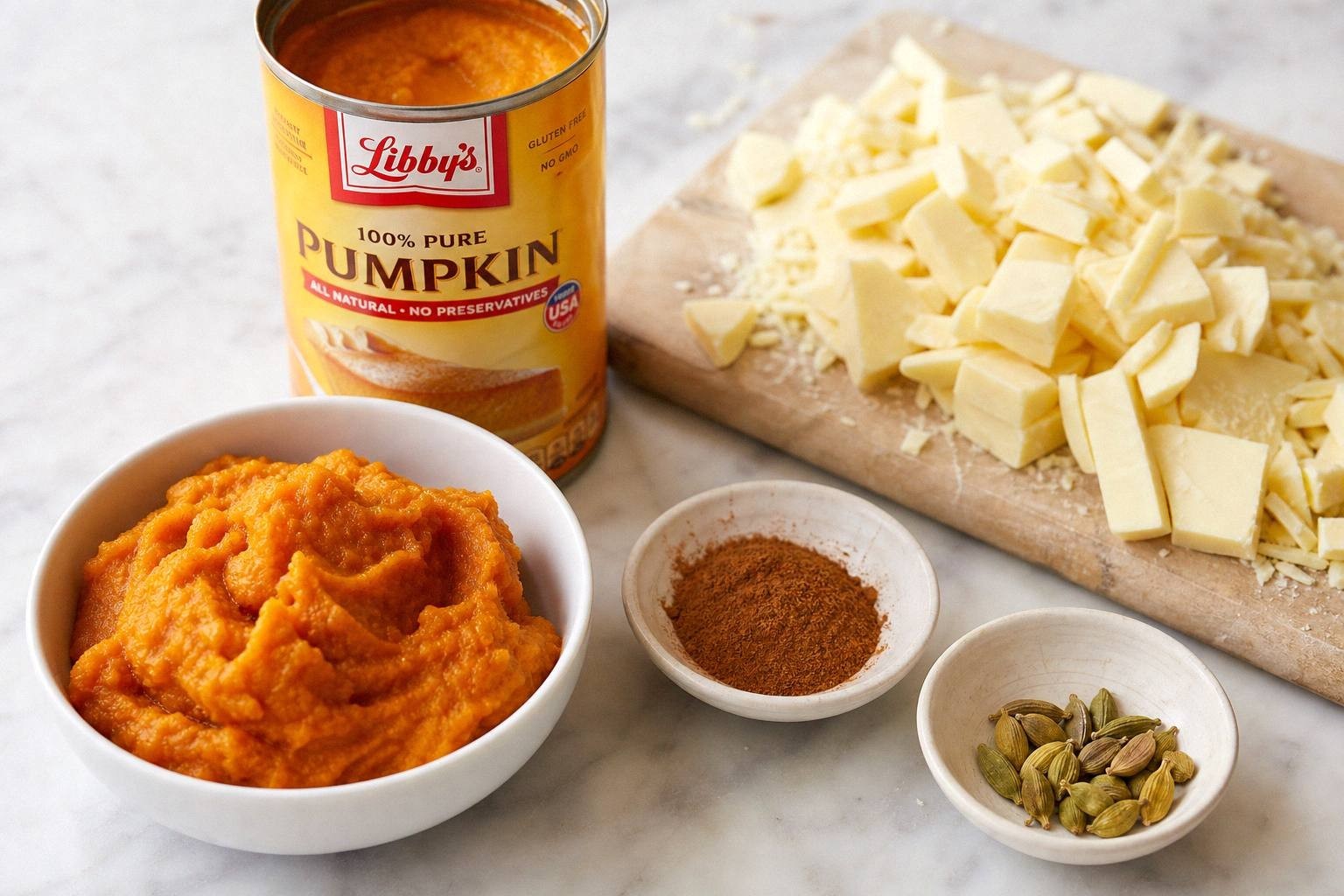 Pure pumpkin puree in a bowl beside chopped white chocolate and small dishes of cinnamon and cardamom