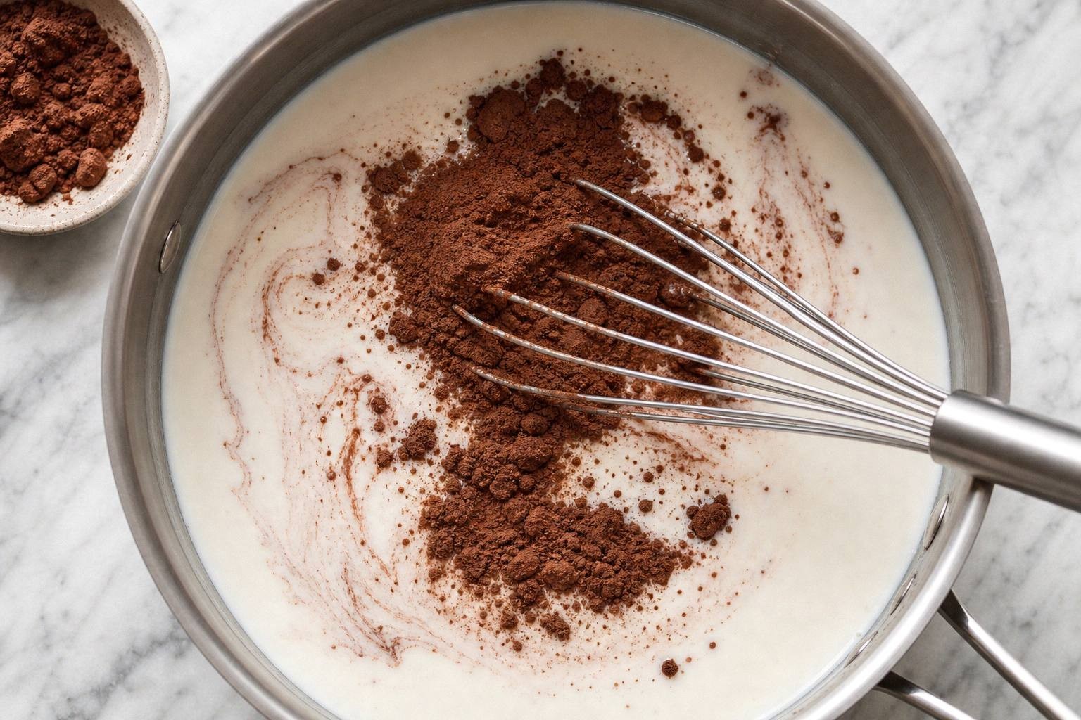 Unsweetened cocoa powder being whisked into cold milk in a heavy saucepan before heating