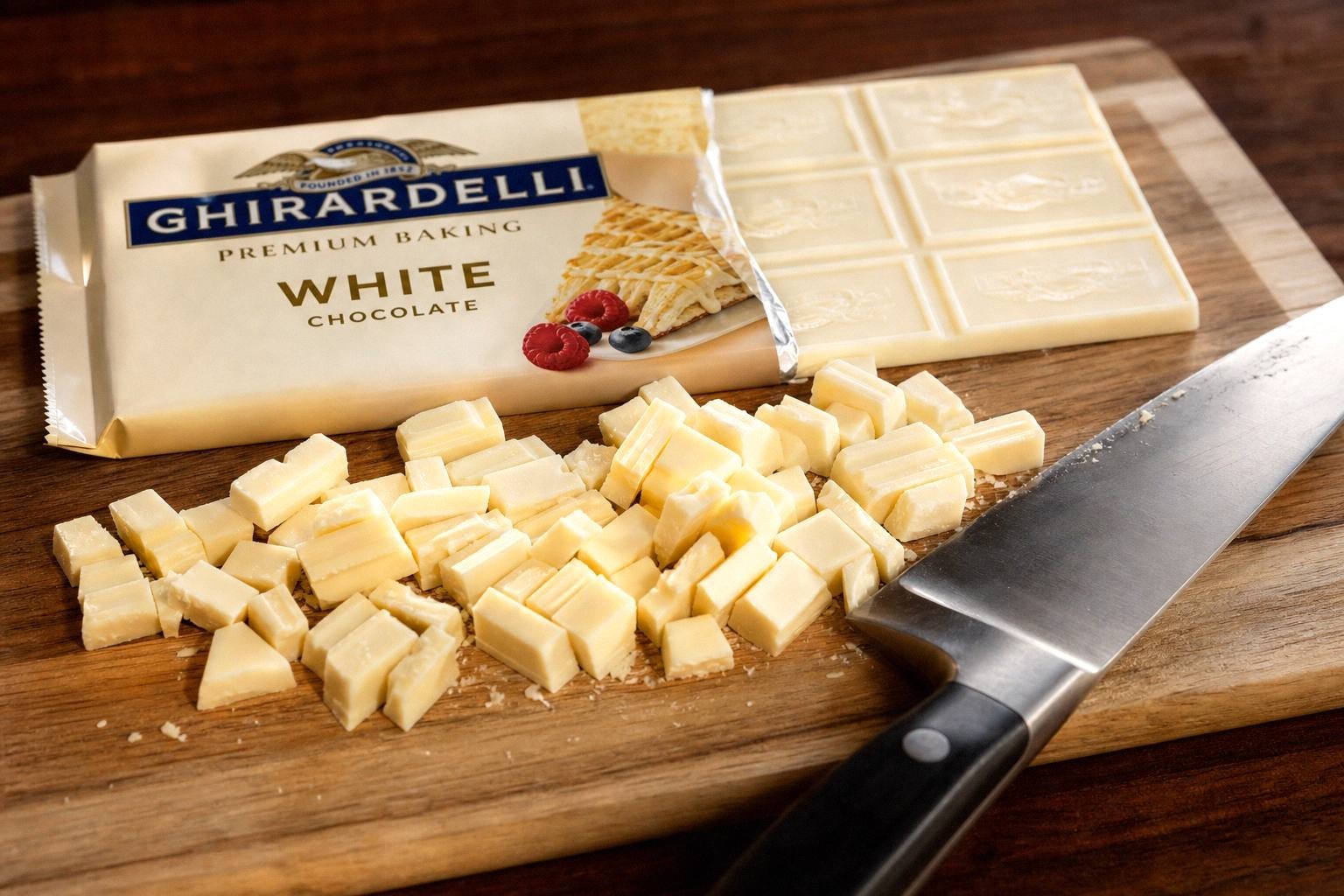 White chocolate bar chopped into even pieces on a board beside the ingredient label