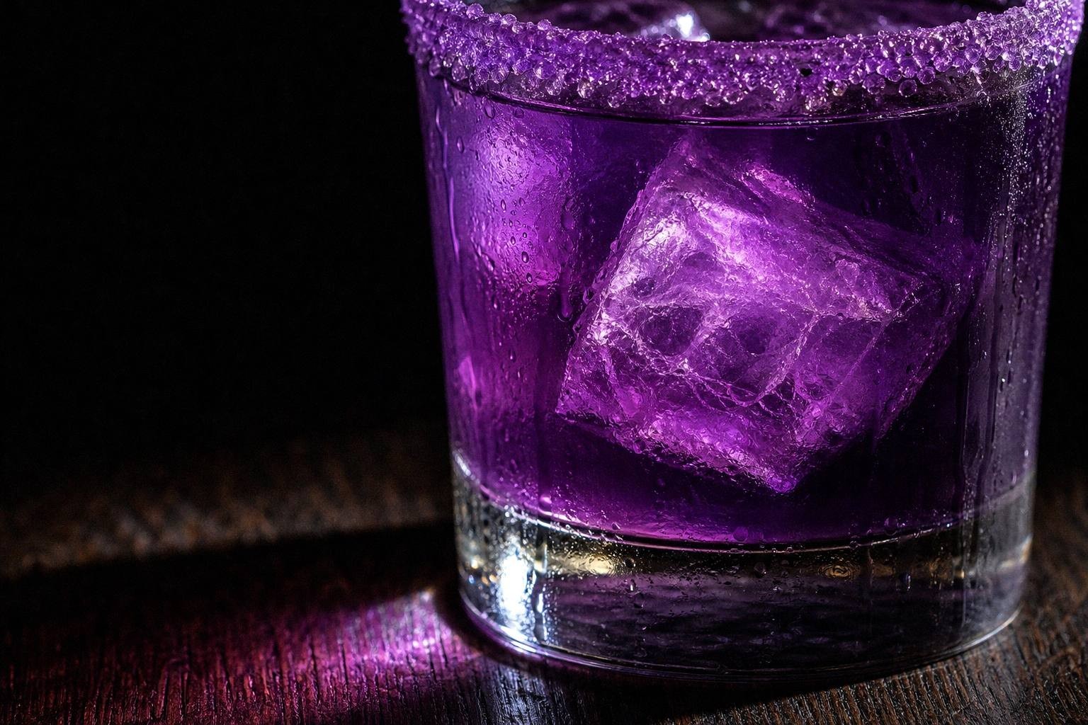 A violet cocktail lit from the side on a dark bar top