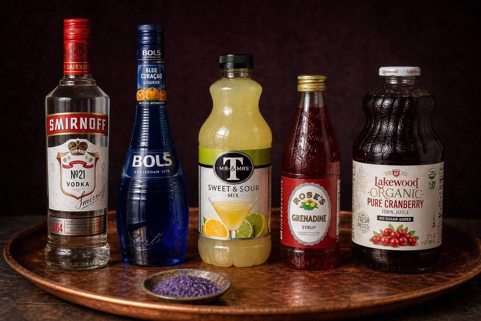 Bottles of vodka, blue curacao, grenadine, and cranberry juice on a counter