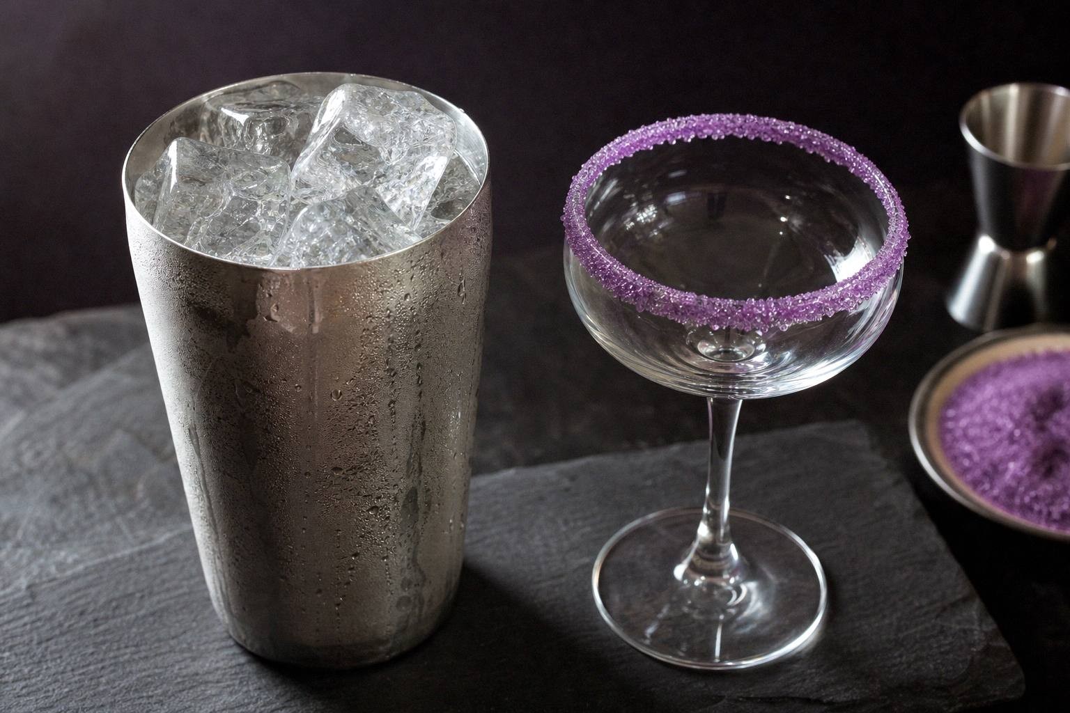 A cocktail shaker being filled with ice beside a sugar rimmed glass