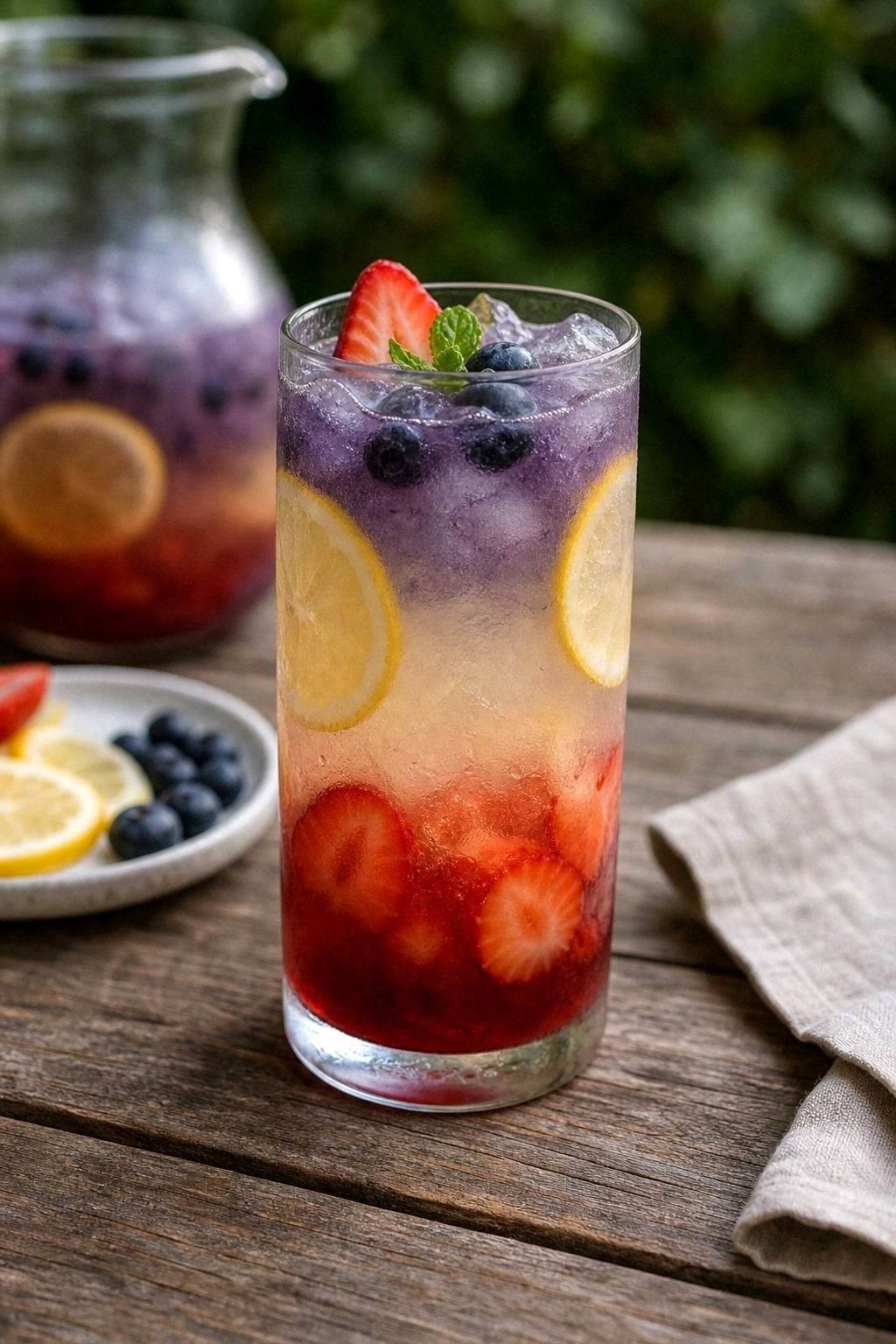 Three tall glasses on a sunlit outdoor table showing layered red, white, and blue sangria with fresh strawberries and blueberries