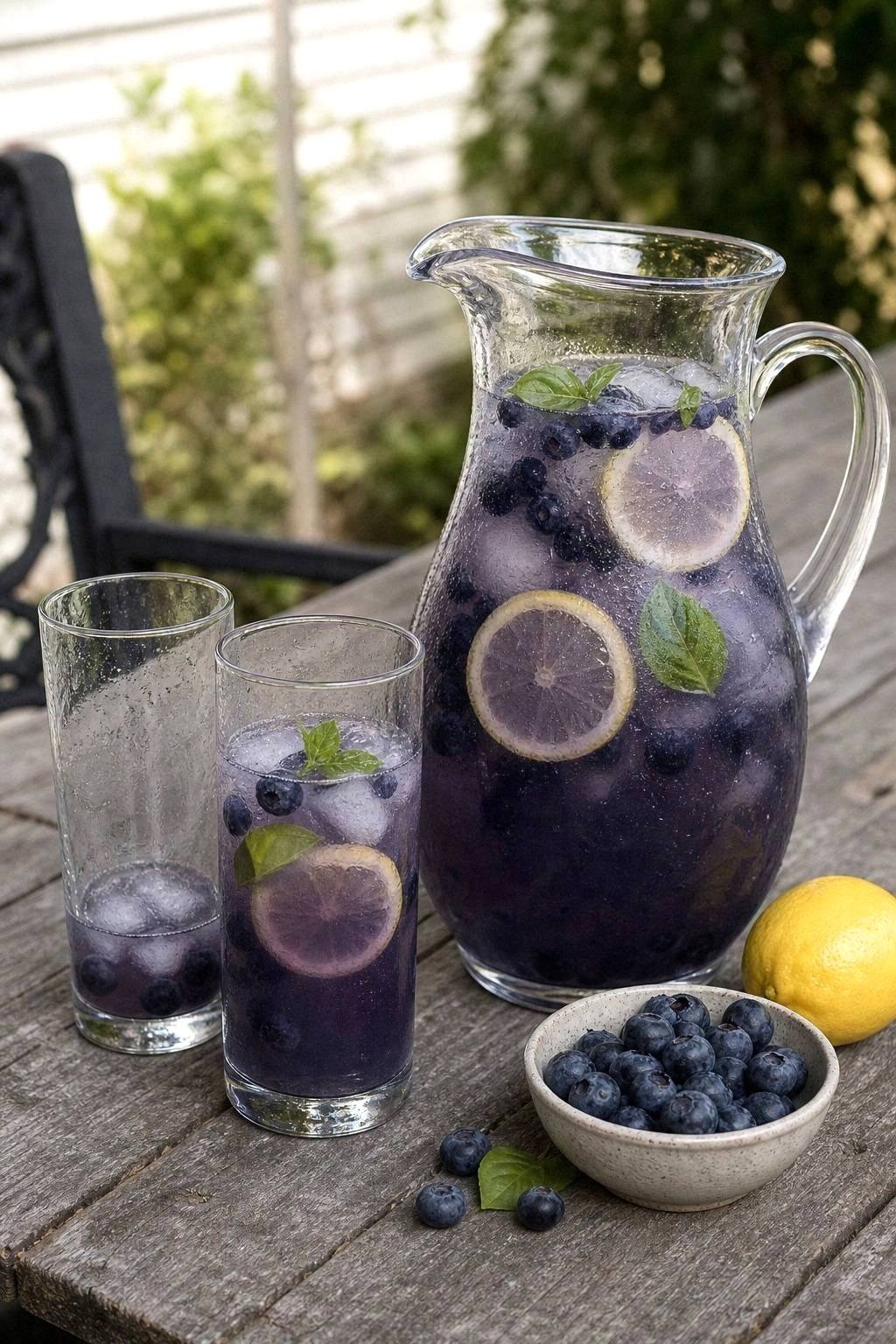 Large glass pitcher of deep blue blueberry basil gin punch on a patio table with fresh blueberries and basil sprigs