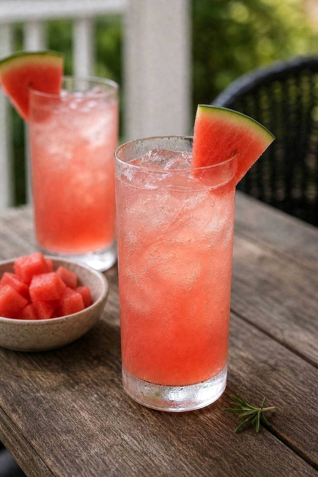 Tall pitcher of bright pink watermelon rosemary collins on an outdoor wooden table with rosemary sprigs beside the glass