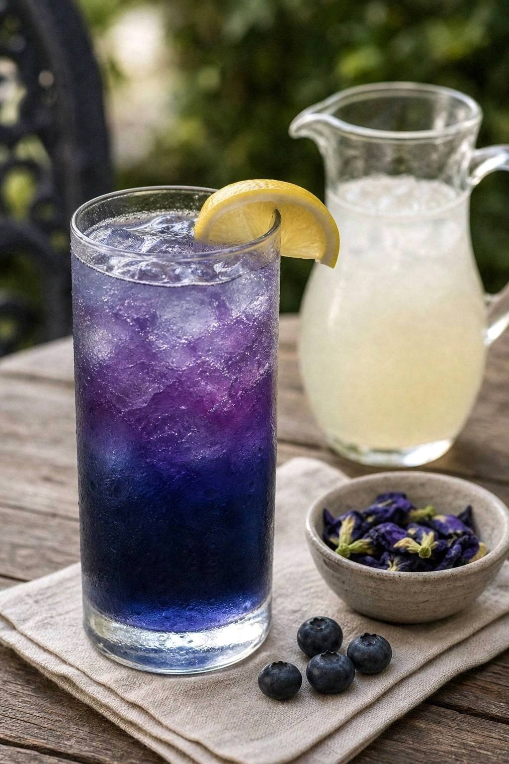 Glass of cobalt blue butterfly pea flower spritz beside another glass turning violet from a lemon squeeze on a holiday table