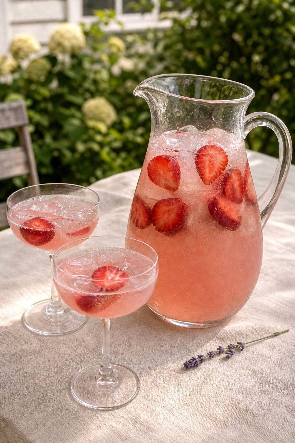 Pitcher of pink strawberry lavender cocktail with whole strawberries floating and a lavender sprig on a sunlit table