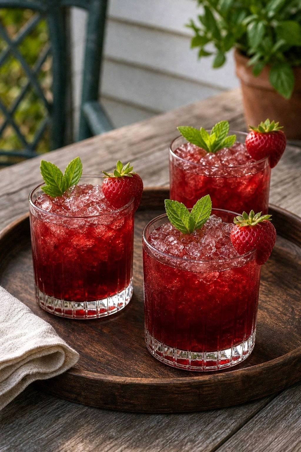 Rocks glasses filled with deep ruby hibiscus bourbon smash on a wooden tray with fresh mint and strawberries