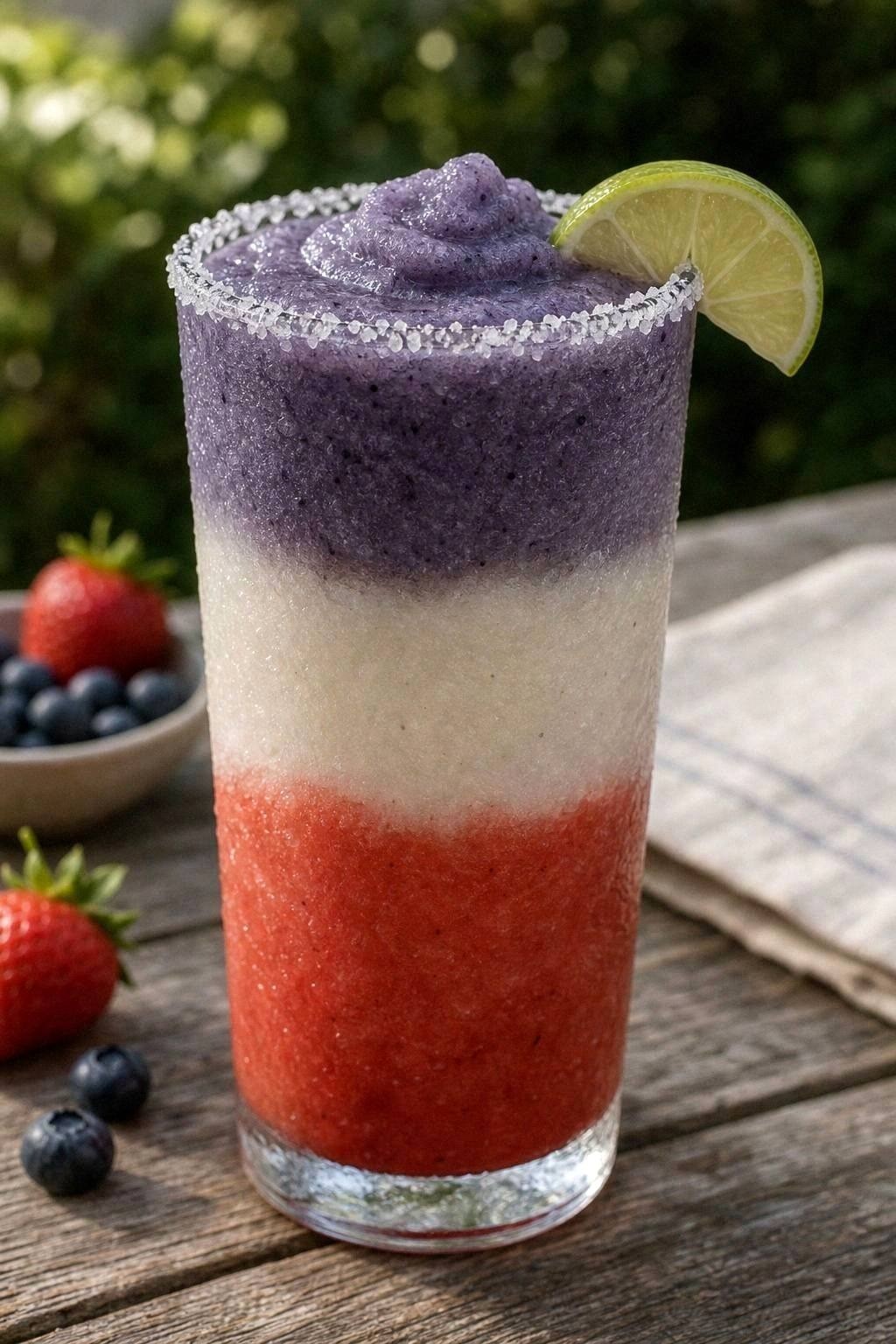Tall glass of frozen layered red white and blue margarita with crushed ice texture beside a tray of fresh fruit and limes