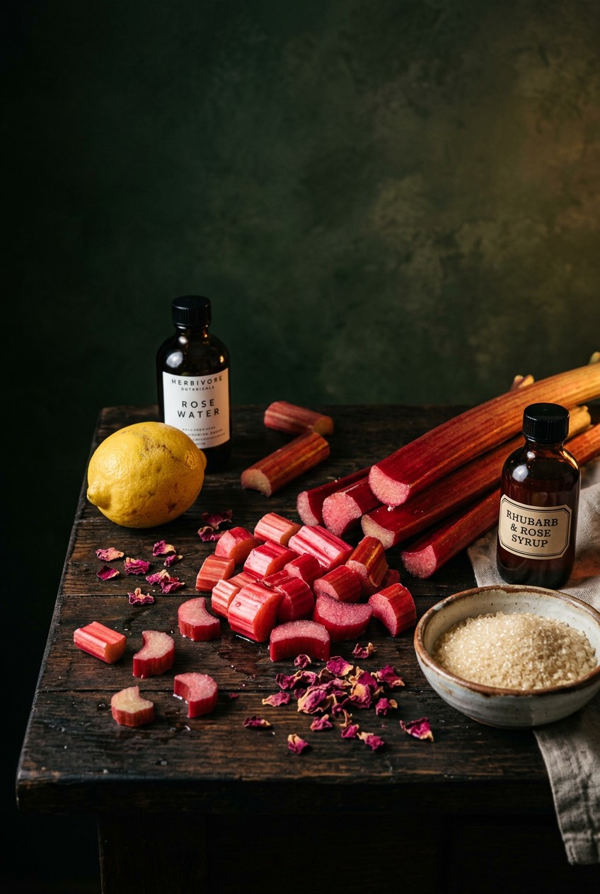 Fresh pink rhubarb stalks and dried rose petals on wooden cutting board for spring rhubarb rose mocktail recipe