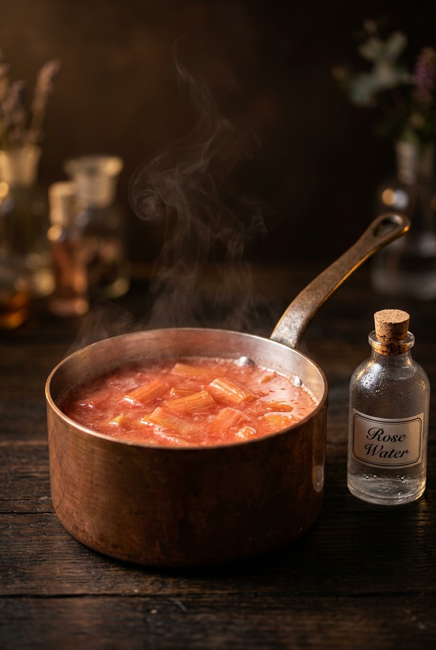Simmering pink rhubarb syrup in saucepan with wooden spoon for homemade botanical mocktail