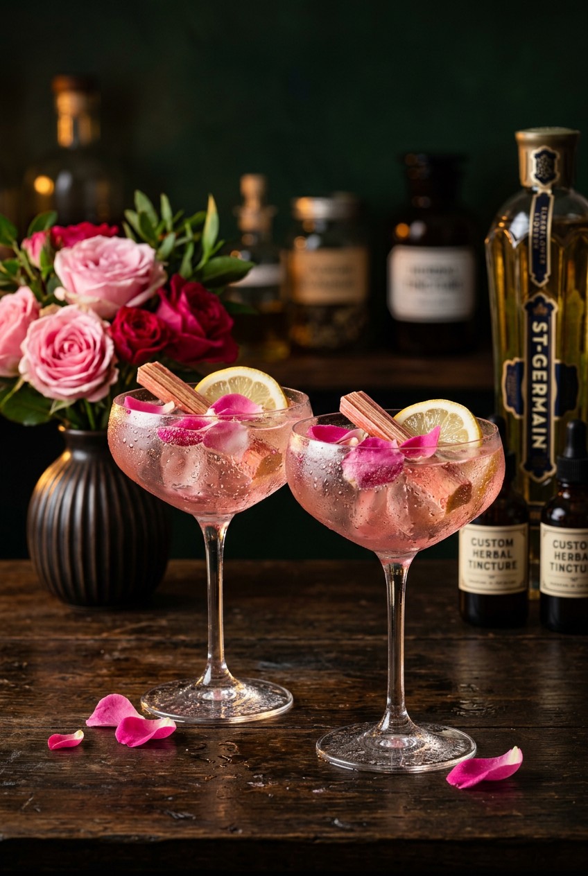 Tall glass of pink rhubarb rose lemon mocktail with ice and rose petal garnish for spring entertaining