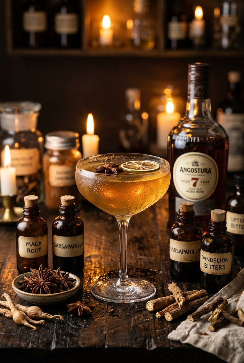 Finished root daiquiri cocktail in a coupe glass garnished with star anise and lime wheel, styled with dried roots and amber bottles on a dark moody surface
