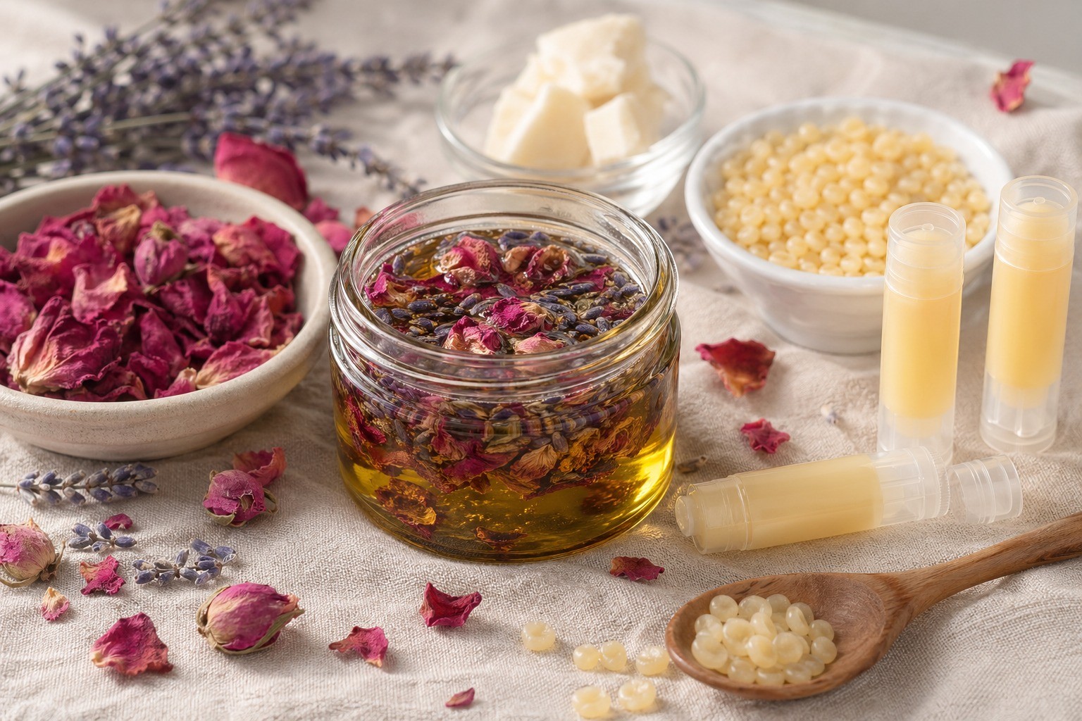 Dried rose petals and lavender buds beside jojoba oil, cocoa butter, beeswax pastilles, and empty lip balm tubes on a pale linen surface