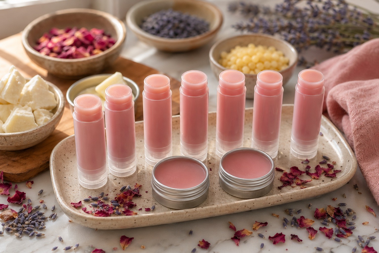 Clear melted lip balm base being poured into white lip balm tubes with rose petals and lavender buds scattered nearby