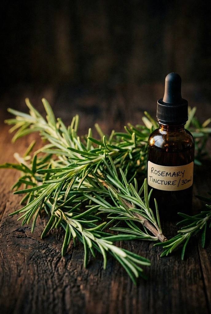 Fresh rosemary sprigs with needle-like leaves on a wooden surface