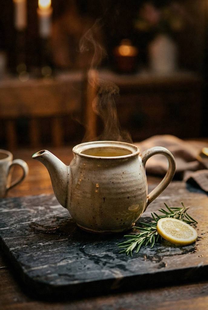 Glass of iced rosemary lemon tonic with fresh rosemary garnish and lemon slices