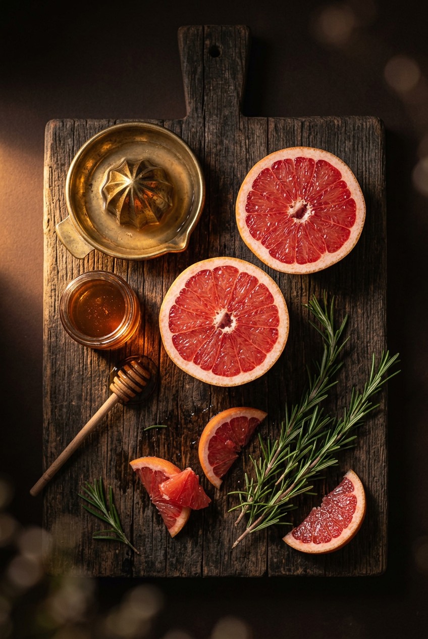 Fresh rosemary sprigs and ruby red grapefruit halves on a wooden cutting board with a citrus juicer for rosemary grapefruit mocktail preparation