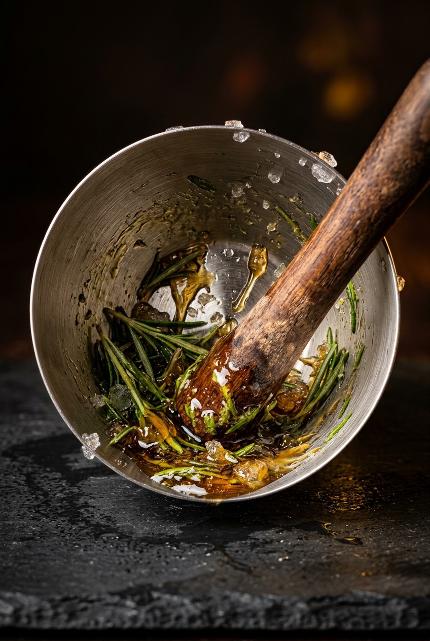 Hands muddling fresh rosemary with honey in a cocktail shaker for herbal grapefruit spritz mocktail recipe