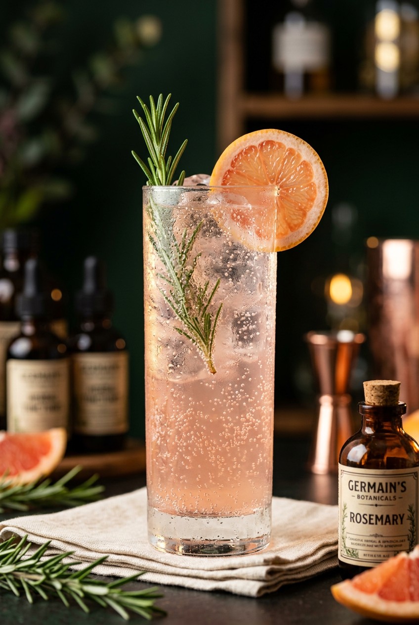 Tall glass of rosemary grapefruit spritz mocktail with fresh rosemary garnish and grapefruit wheel, sparkling bubbles visible, on a linen napkin