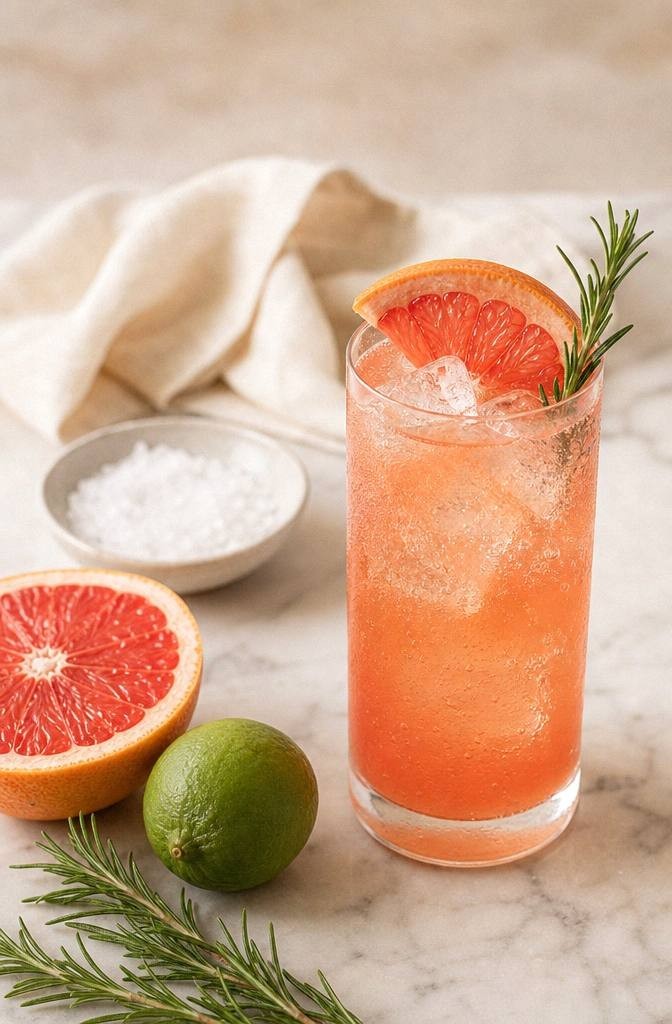 A halved red grapefruit, fresh rosemary sprigs, a lime, and a small dish of salt on a pale surface for a rosemary grapefruit spritzer