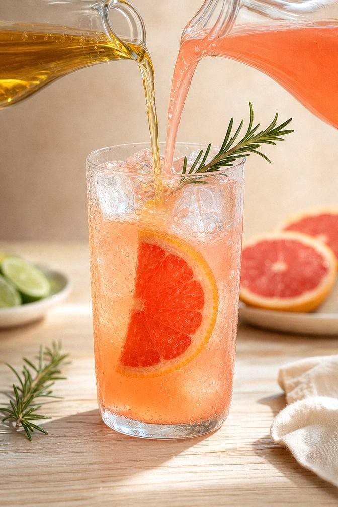 Fresh grapefruit juice being combined with rosemary syrup and lime in a glass over ice for a bittersweet grapefruit mocktail