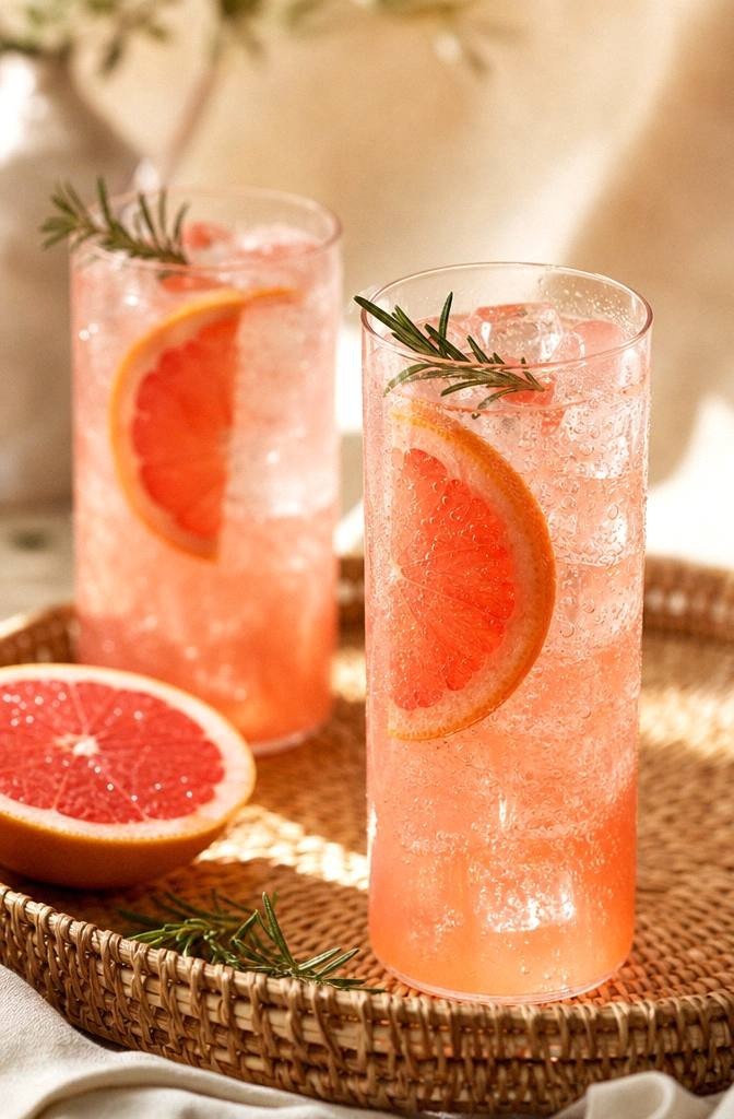 Finished pink coral rosemary grapefruit spritzer in a tall glass over ice with a grapefruit wheel and rosemary sprig in bright daylight