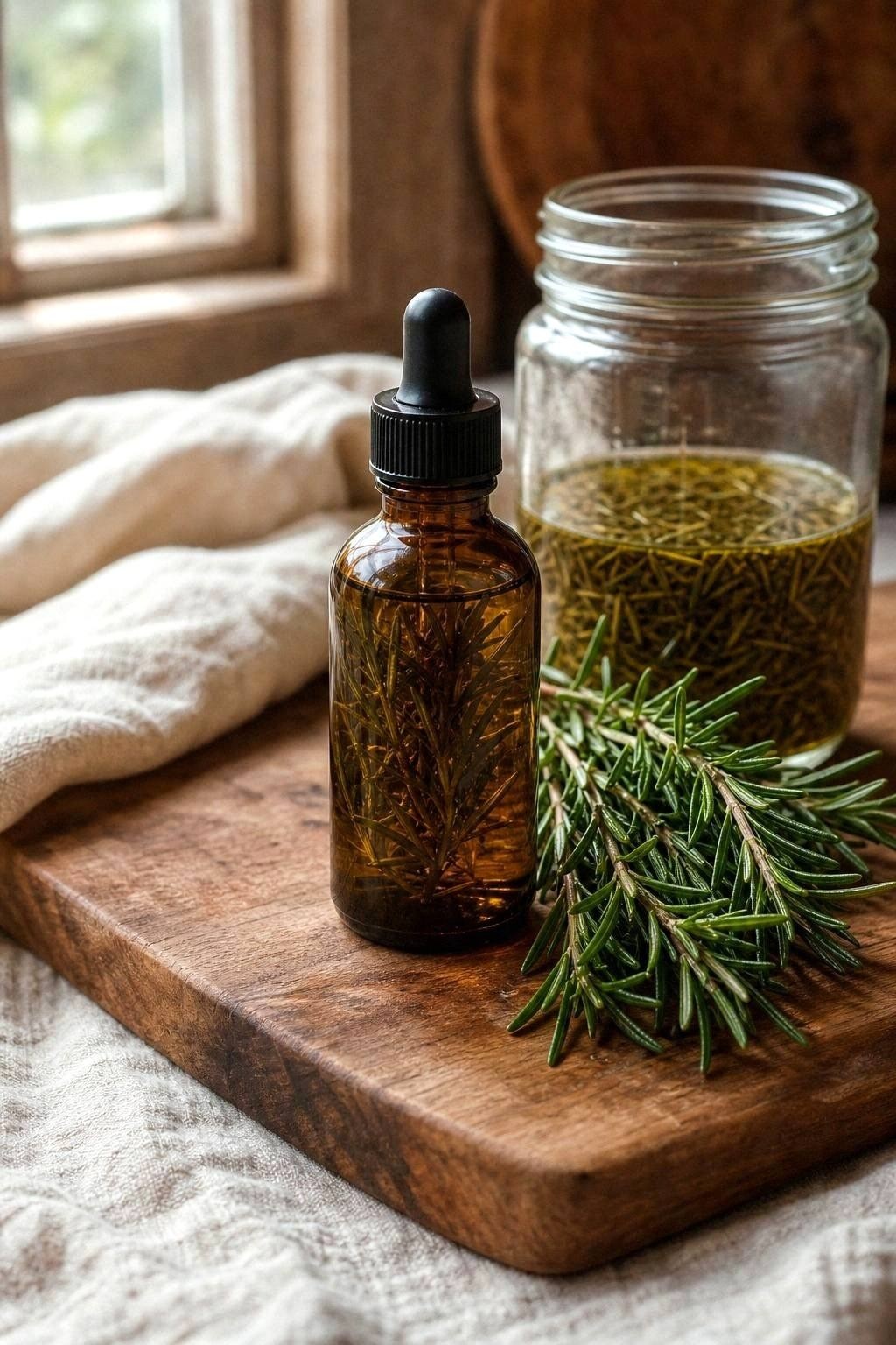 Amber dropper bottle of rosemary infused hair oil beside a small bundle of fresh rosemary on a wooden cutting board