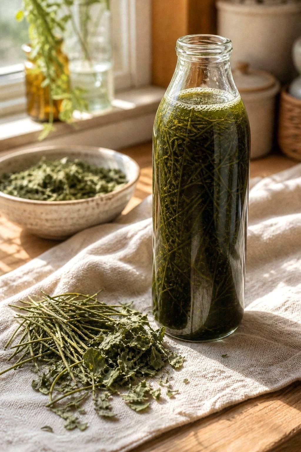 Glass bottle of dark green horsetail nettle hair rinse beside dried herbs and a ceramic bowl in a sunlit kitchen
