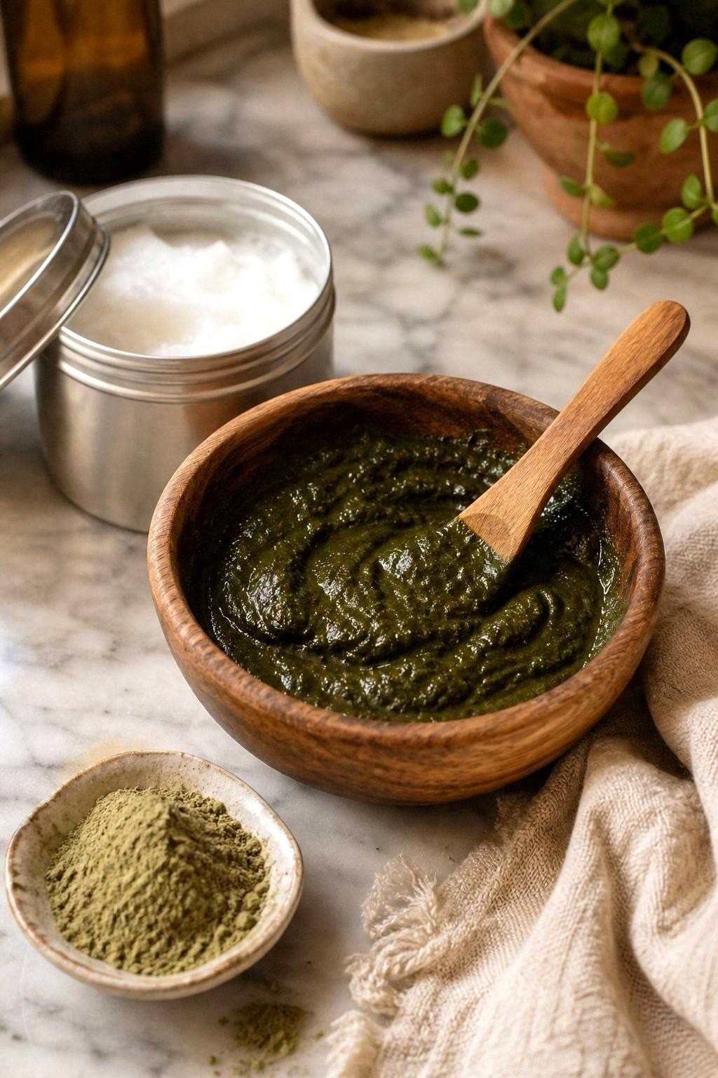 Wooden bowl of dark green amla and coconut hair mask paste with a small wooden spatula on a marble counter