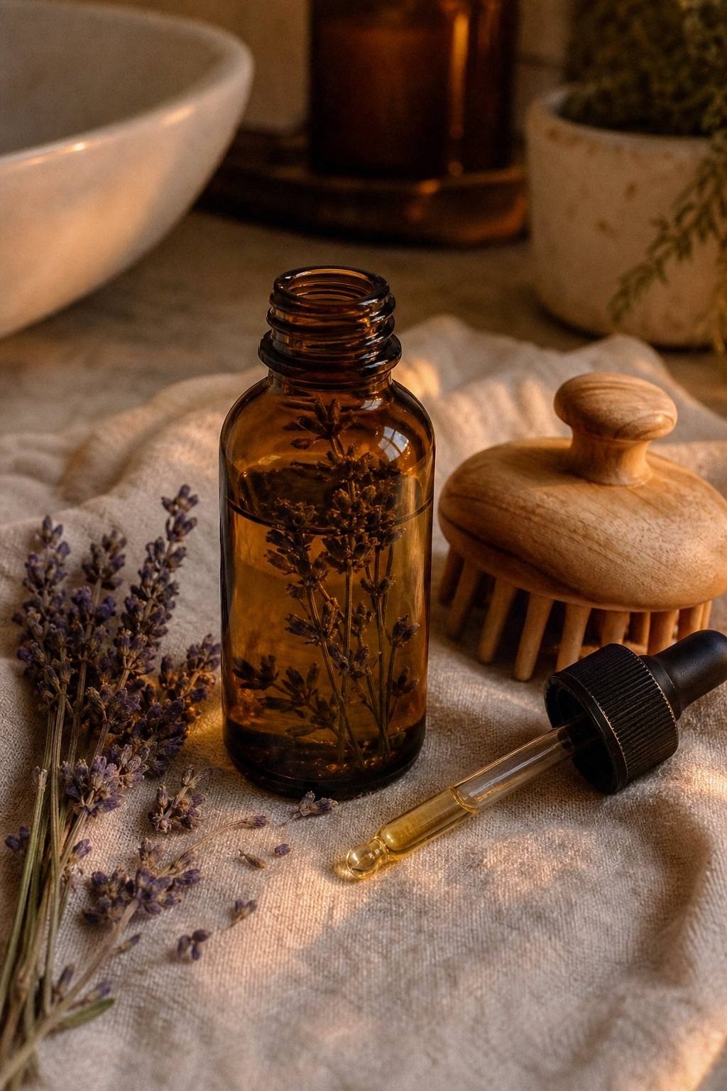 Small amber bottle of pale gold lavender castor scalp oil with a sprig of fresh lavender and a wooden scalp massager on a linen cloth