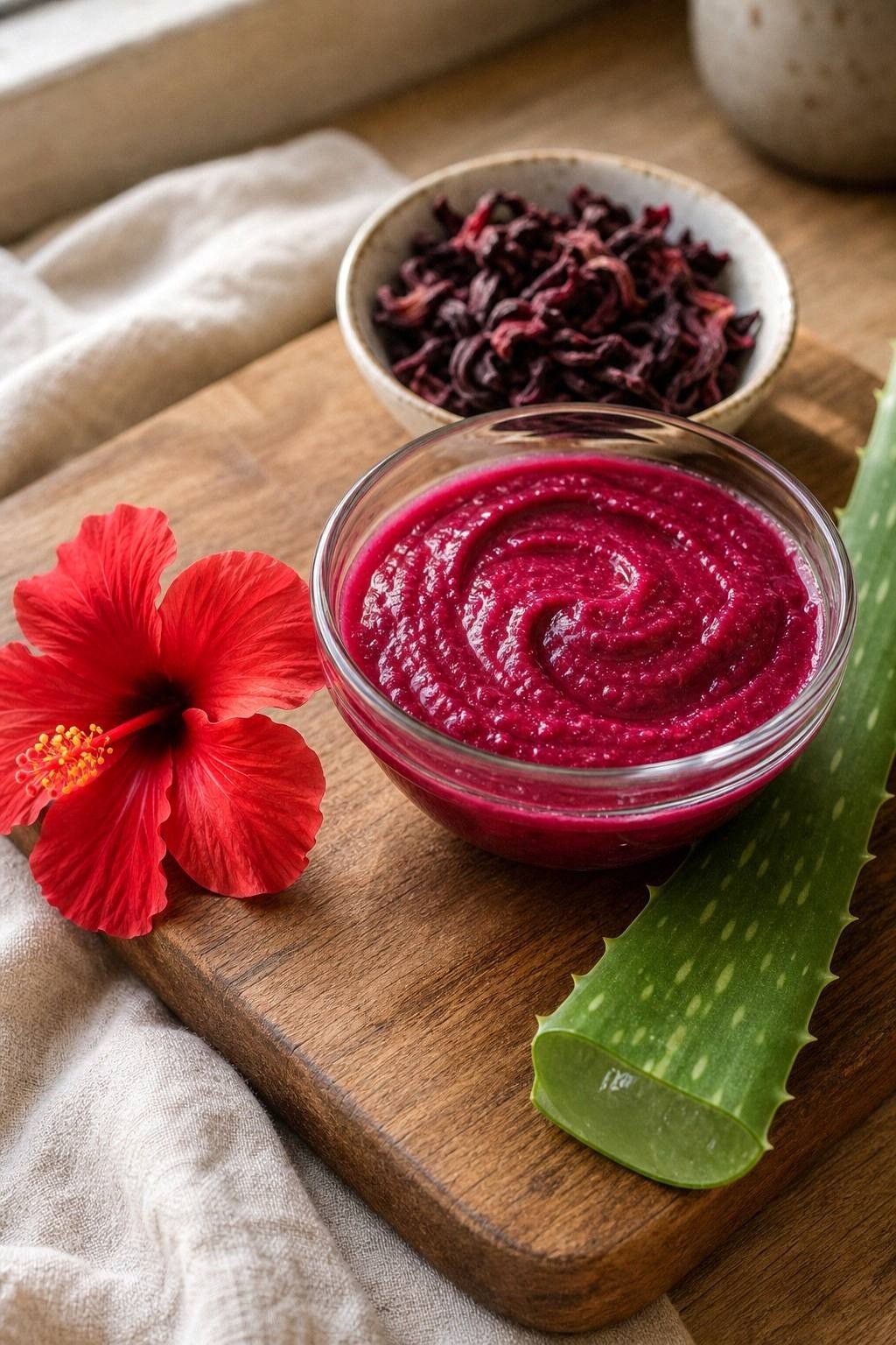 Clear glass bowl of magenta hibiscus and aloe hair mask with a fresh hibiscus flower beside it on a wooden board