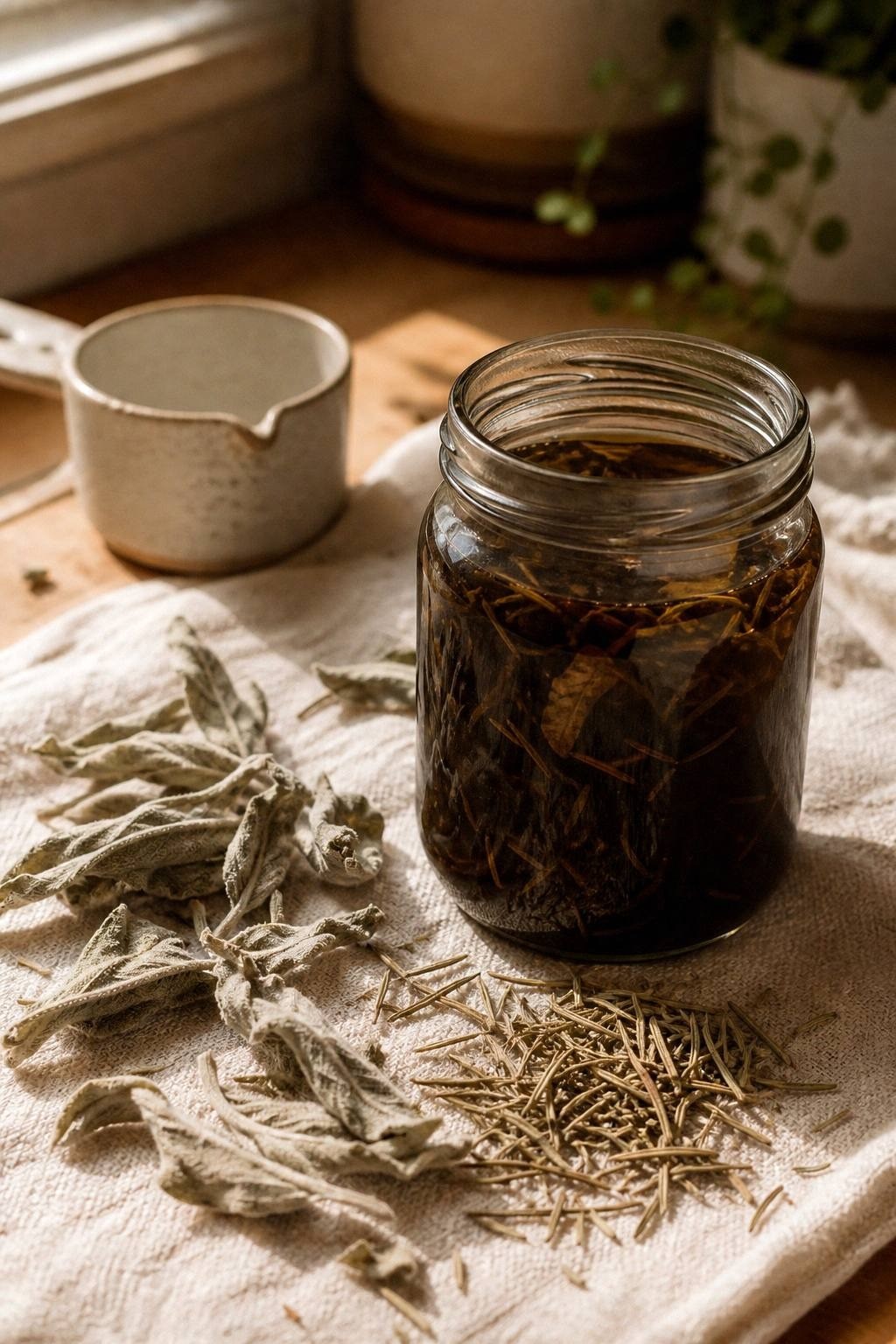 Dark glass jar of deep brown sage and rosemary hair rinse with dried sage leaves scattered on a kitchen towel