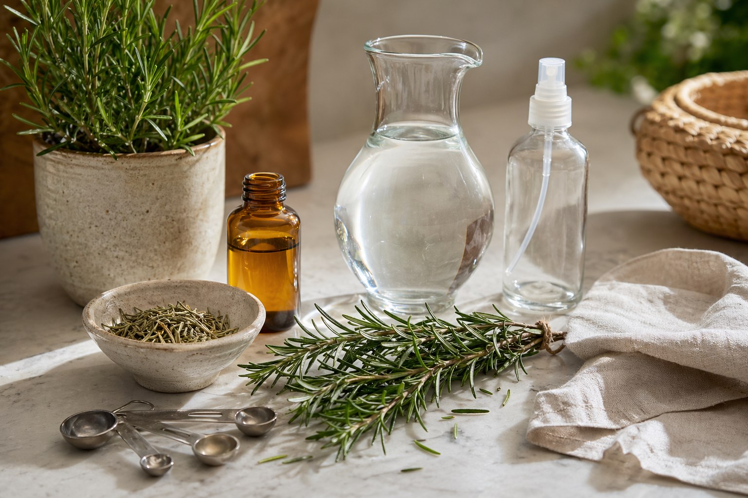 Fresh rosemary, dried rosemary, distilled water, apple cider vinegar, and a clean spray bottle arranged on a pale counter for a homemade rosemary hair rinse