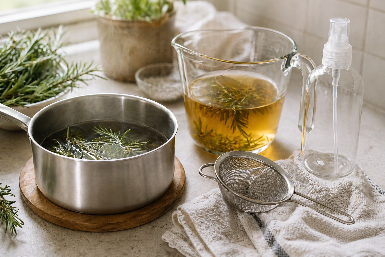 Rosemary steeping in hot water beside a fine mesh strainer, measuring cup, and clean spray bottle for a homemade herbal hair rinse
