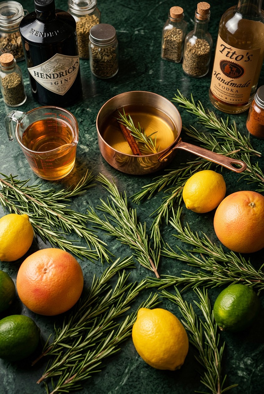Fresh rosemary sprigs and citrus arranged with cocktail glassware for herbal infused cocktails