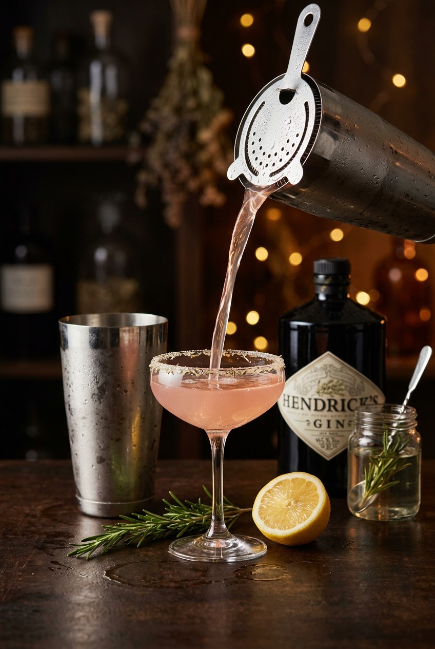 Rosemary gin cocktail being poured with fresh herbs and citrus garnish for botanical drink recipes
