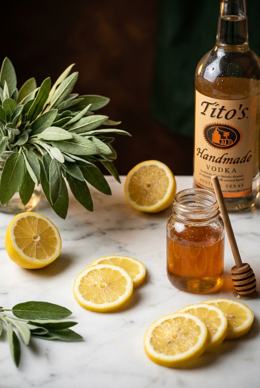 Fresh sage leaves and lemon slices on white marble with raw honey in glass jar for sage vodka sour cocktail recipe