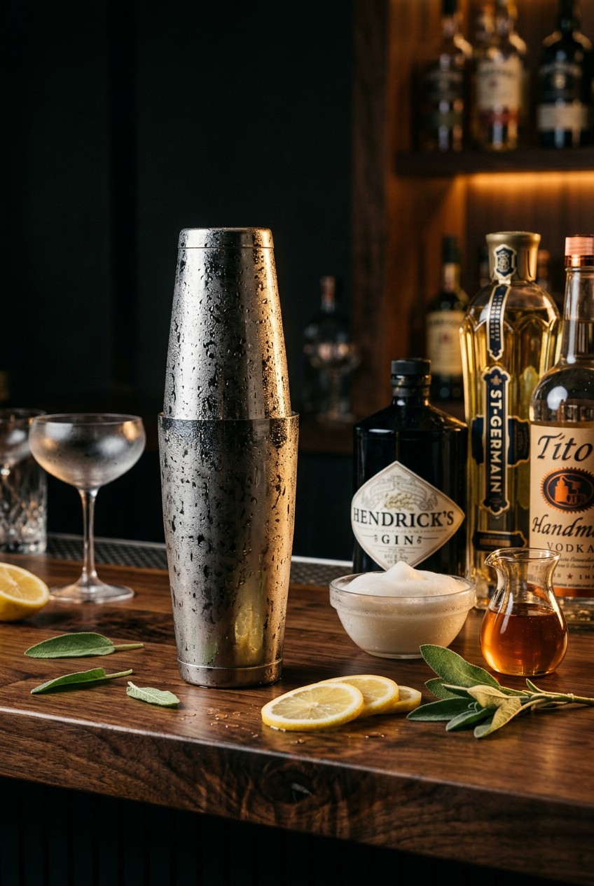 Hands shaking sage vodka sour cocktail in silver cocktail shaker with fresh herbs and lemon on wooden bar surface