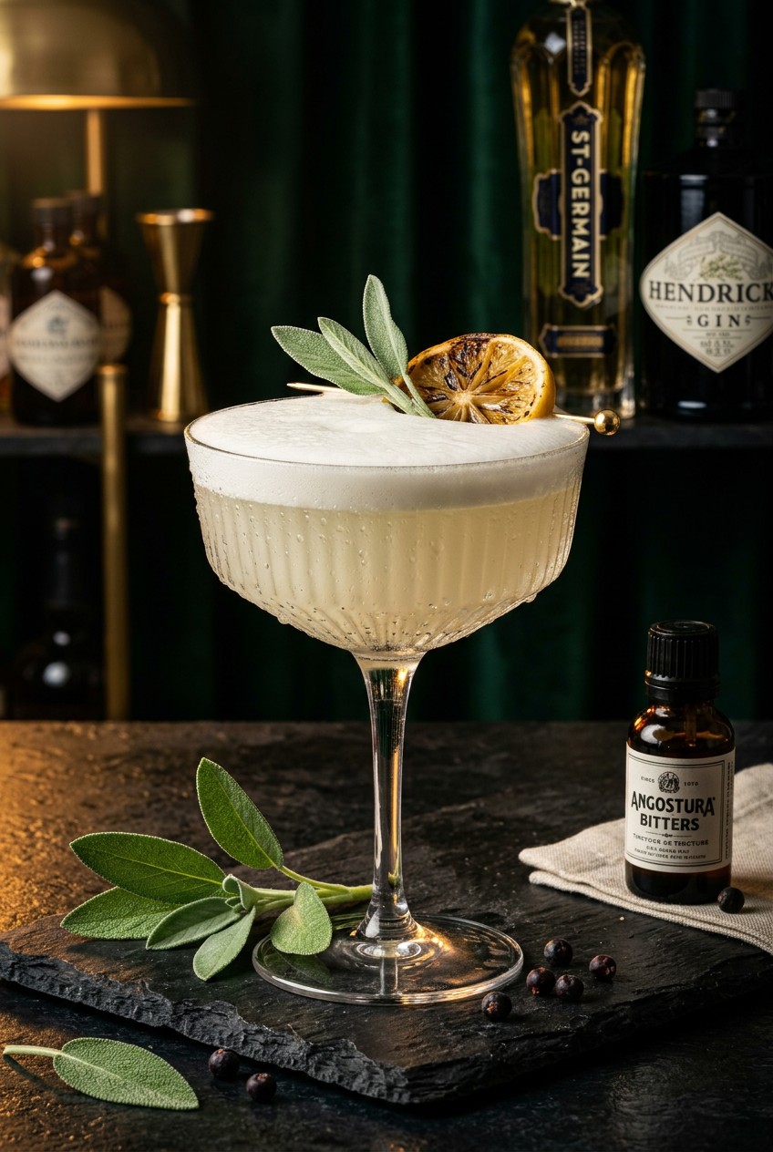 Finished sage vodka sour cocktail in coupe glass with white foam top garnished with fresh sage and lemon wheel on dark slate
