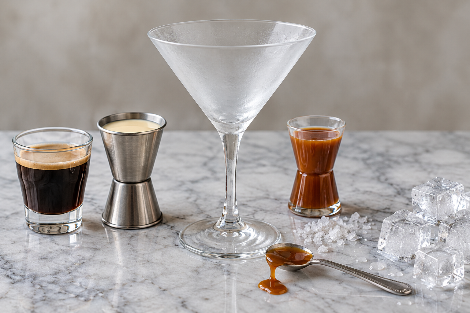 Vodka, Irish cream liqueur, salted caramel sauce, sea salt flakes, and bottle measured out on counter